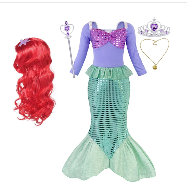 Set rochie sirena si 3 accesorii ANUTETOUNI®, 9-10 ani, 140 cm, Halloween, Carnaval, Craciun, Paste, Ziua Copilului, Ziua Indragostitilor, Verde/Mov