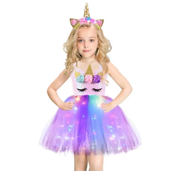 Rochie Tutu Luminoasa pentru Fete - Unicorn, ANUTETOUNI® petrecere de Craciun, tutu, dans, costum printesa, 2-4 ani, 100-110 cm, Mov