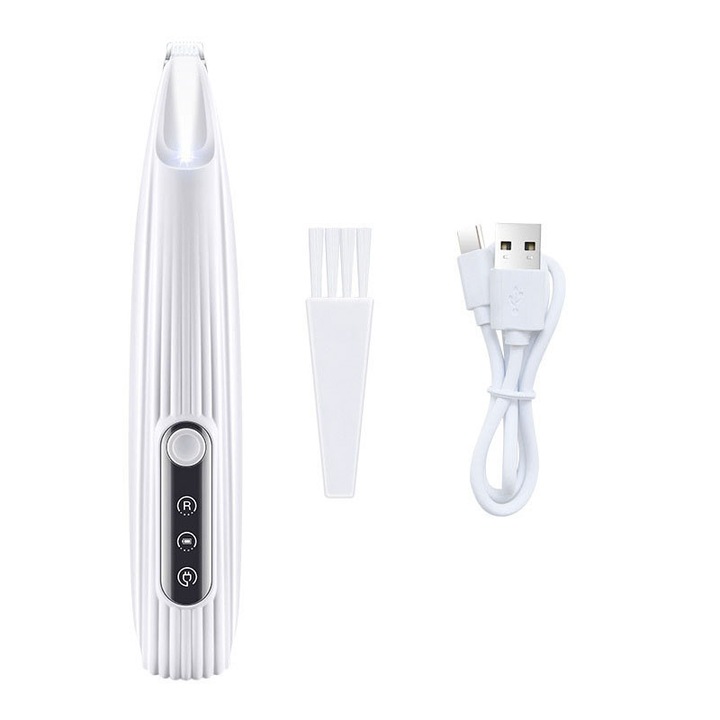 Aparat de tuns par pentru animale de companie, Prixtal, lame late de 11 mm, 35 dB, cu lumina LED si afisaj, rezistent la apa, conceput pentru tunderea parului din jurul labei, ochilor, urechilor si soldurilor cainilor si pisicilor, alb