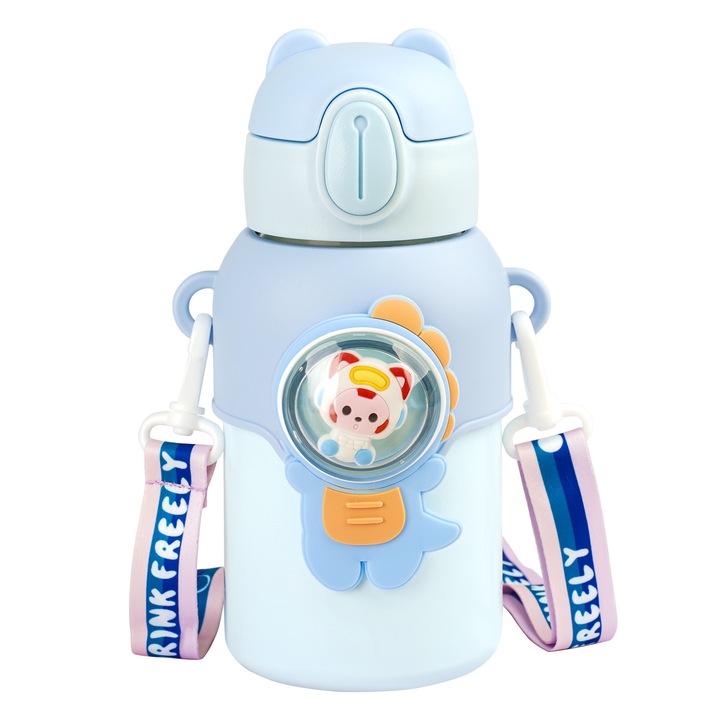 Cana copii de baut din silicon, Xinxu, cu pai si curea, materiale de calitate, sistem 360° antipicurare, BPA FREE, Inox, 500 ml, design ergonomic, imagini de desene animate, Albastru