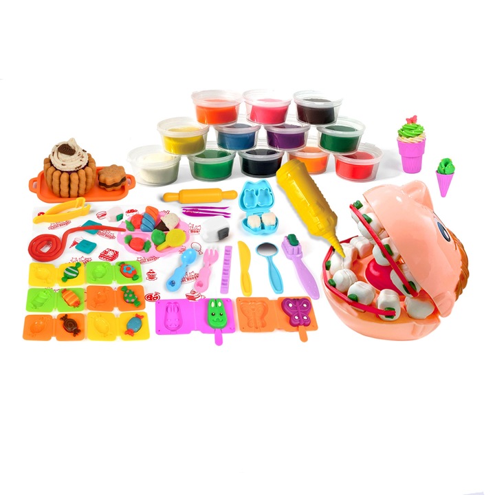 Kreatív gyurma készlet, BOMSTOM, fogmodell, 42 darab, többféle modellező szerszám, nem száradó/ragadó, 3 év+, többszínű