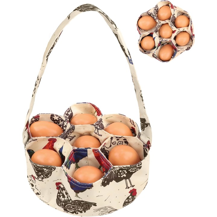 Tojásgyűjtő kosár, 7 zsebbel, csirkemintás, vászon anyagú, 20x7,6cm, tarka
