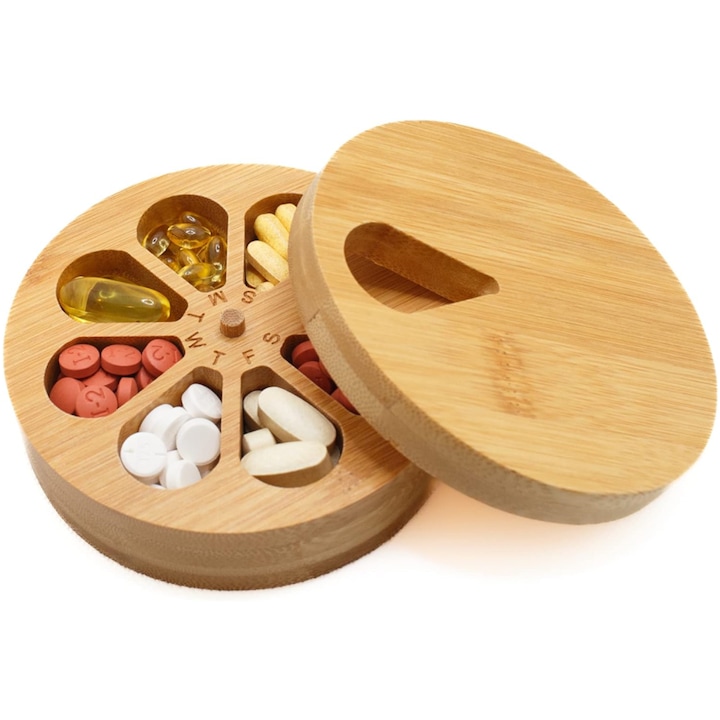 Bambusz napi tablettatároló doboz, fa fedél, nagy kapacitású, a hét napjaival, környezetbarát