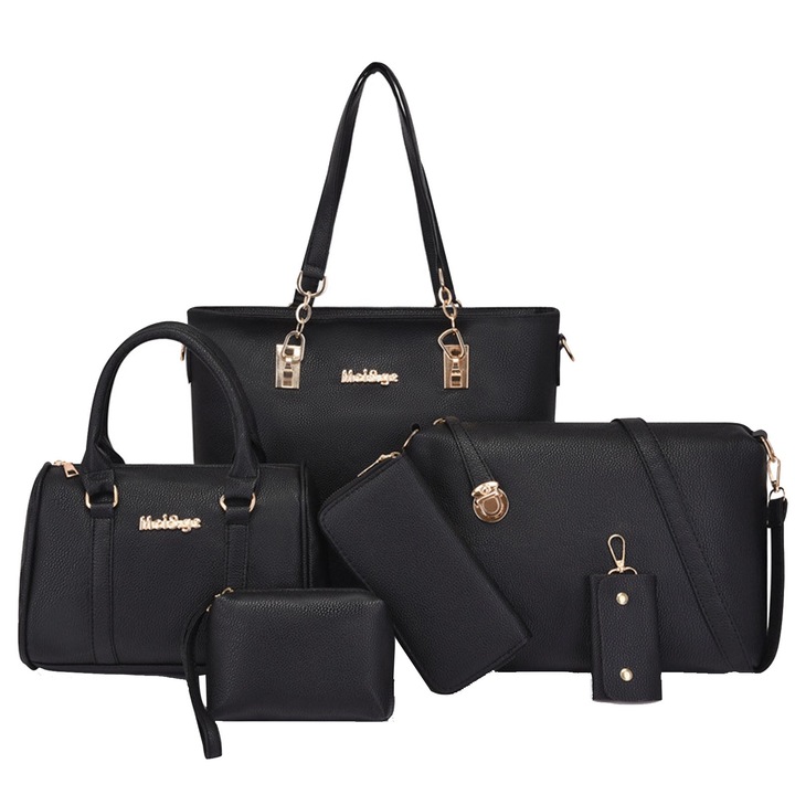 Модна дамска чанта, Darklove, 6 в 1, Crossbody, Екологична, Водоустойчива, Лесна за почистване, Многократна употреба, Регулируема презрамка, Издръжлива, За среща, пазаруване или ежедневна употреба, 30x28x13 см, Черна
