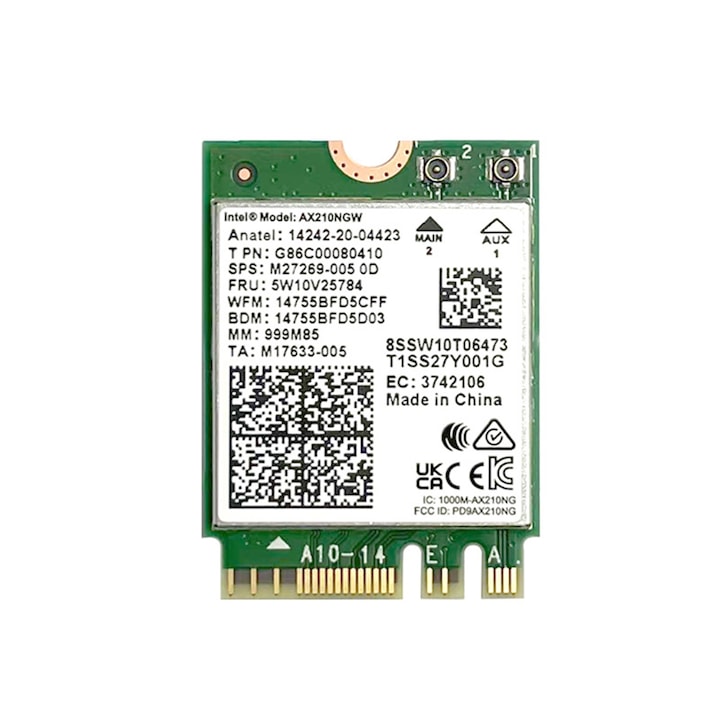 Placa de retea, SINBINTA, Intel, 2.4GHz/5GHz/6GHz, 574Mbps/2400Mbps, Compatibil Windows 11/10, Interfata ngff m.2 2230, AX210 WiFi 6E(6GHz Band), Bluetooth 5.3, NGFF M.2/A-E-Key 802.11ax, Metal/ABS, 22 x 30mm