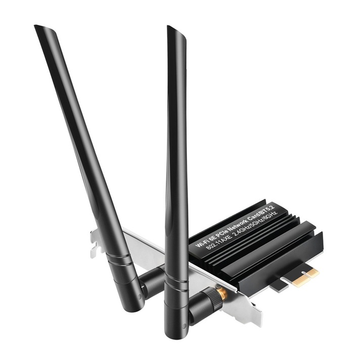 Безжична мрежова карта, SINBINTA, PCI-E, 5400Mbps, Wi-Fi 6E, Bluetooth® 5.2, позлатен интерфейс на антената, високоефективен радиатор, технология MU-MIMO, 2.4/5/6G трибандов, метален, 62 x 286 mm , Черно