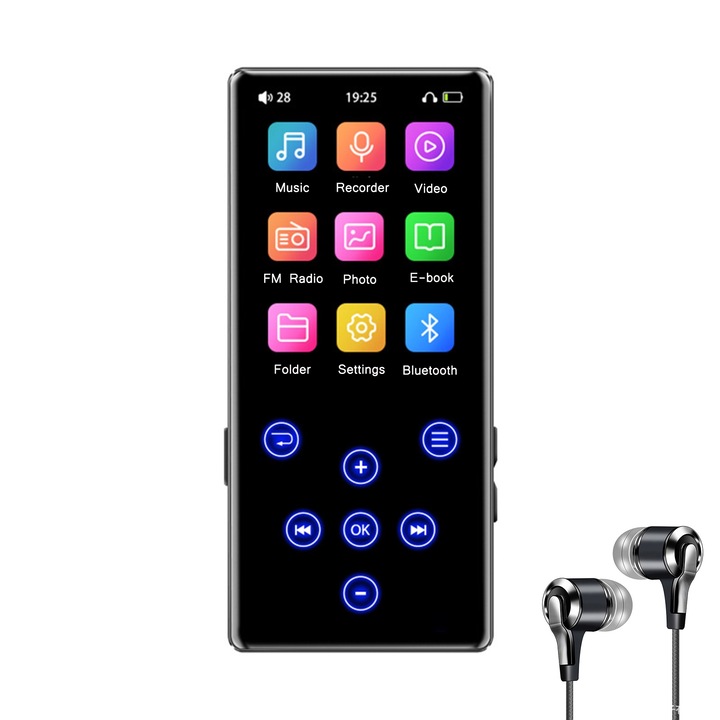 Player MP3, SINBINTA, Cu touchscreen, Cu Casti, 32 GB suporta pana la 128 GB, portabil, HiFi audio, Bluetooth5.0, E-book reading, voice recorder, Radio FM, functie OTG, Pentru munca, studiile si viata de zi cu zi, Metal, 109 x 48mm, Negru