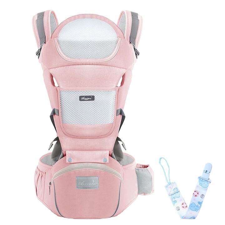 Кош за новородено, SINBINTA, Ергономичен, Регулируем кош, С верижка за залъгалка, Мултифункционален, Носене на детето отпред или отзад, Със седалка, носене на хълбока или раменете, 0-36 месеца, Памук, 12 позиции, Памук, Розов