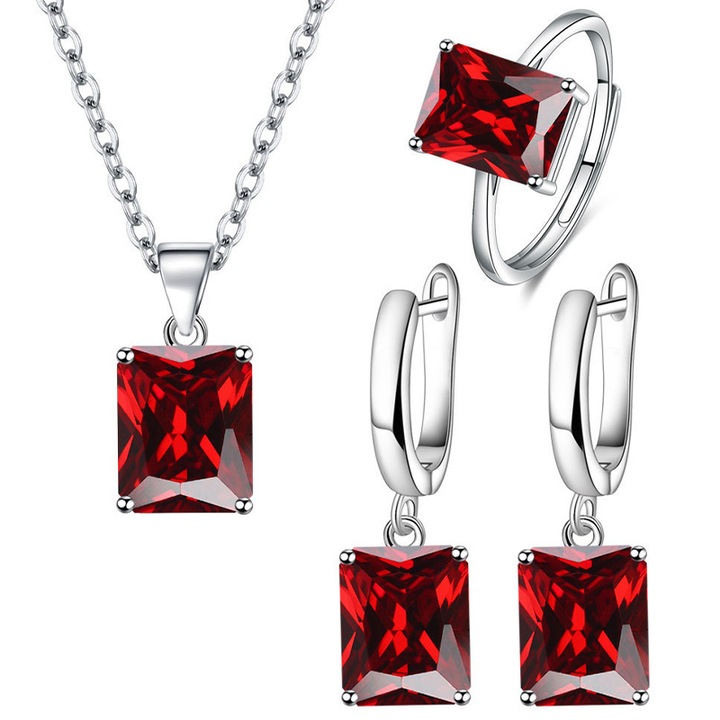 Set bijuterii, colier, cercei si inel, zirconiu cubic, rosu