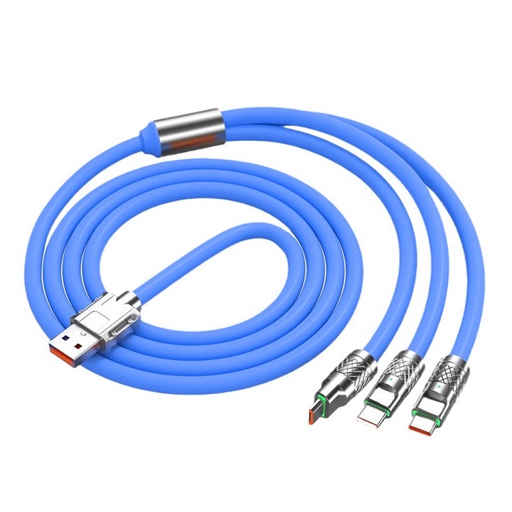 USB-C három az egyben töltőkábel, 120W, gyorstöltés, gyorstöltés 6A, USB világítás 1,2 m, támogatja az IP/C típusú/Micro USB portokat, kék