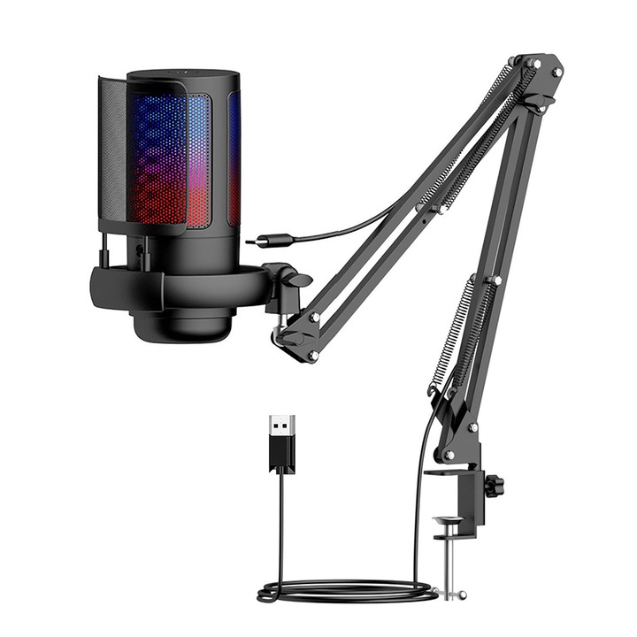 USB микрофон за компютърни игри с рамо за рамо, изскачащ филтър, бутон за изключване на звука за стрийминг, Twitch, онлайн чат