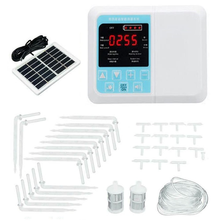 Автоматична поливна система WALALLA, Dual Pump, Solar/USB, LCD екран, бяло/синьо, за 15 саксии