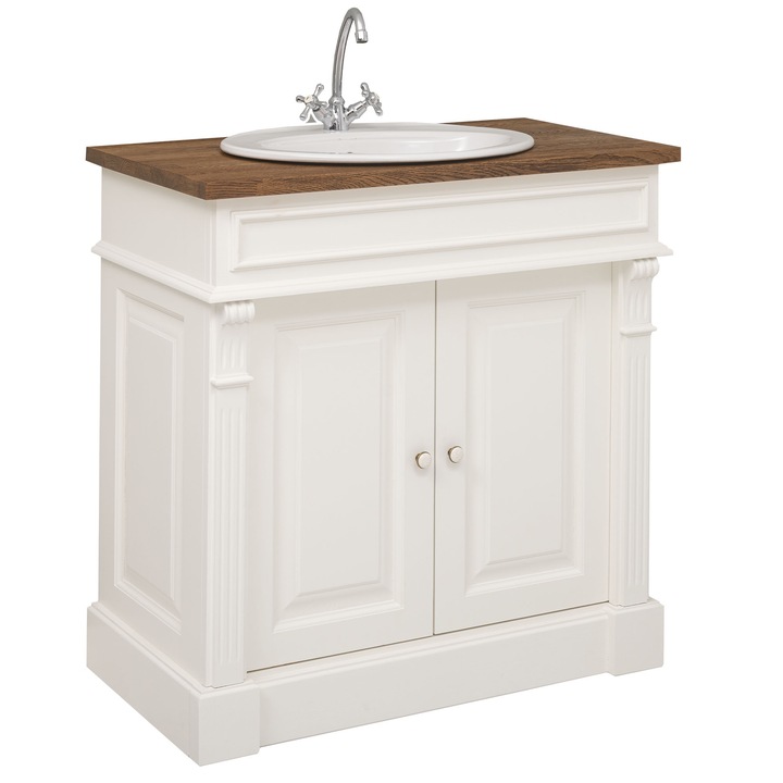 Dulap baie pentru lavoar, ornamentat, blat stejar, culoare blat maro P064, culoare corp alb murdar P039, dublu color, 100% lemn masiv, 90x51x91 cm