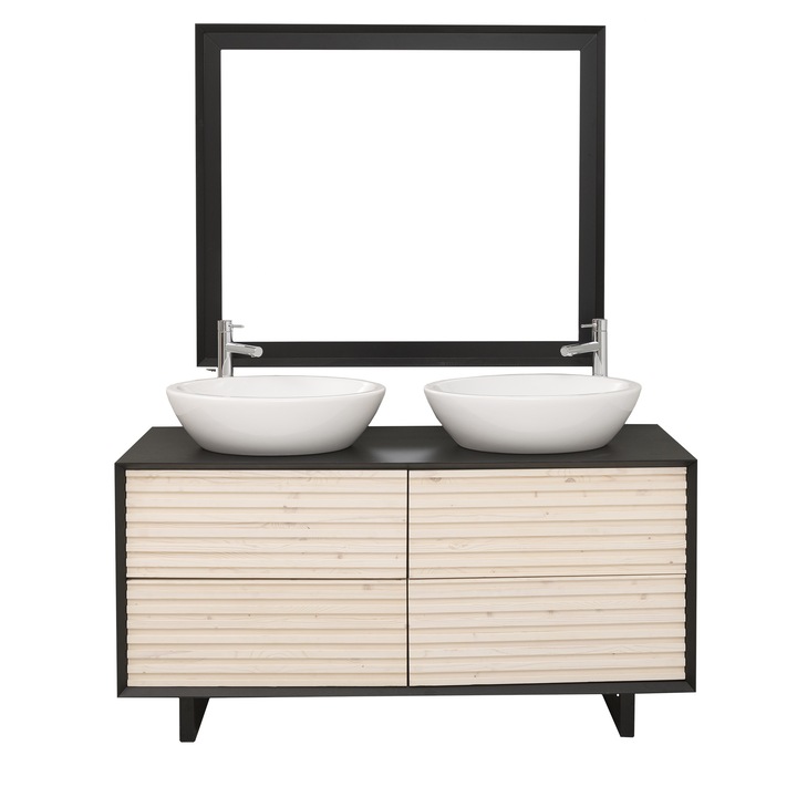 Mobila baie cu 4 sertare, 2 lavoare, oglinda "Slatted", culoare negru P003, culoare sertare natural P095, dublu color, 150x50x176 cm