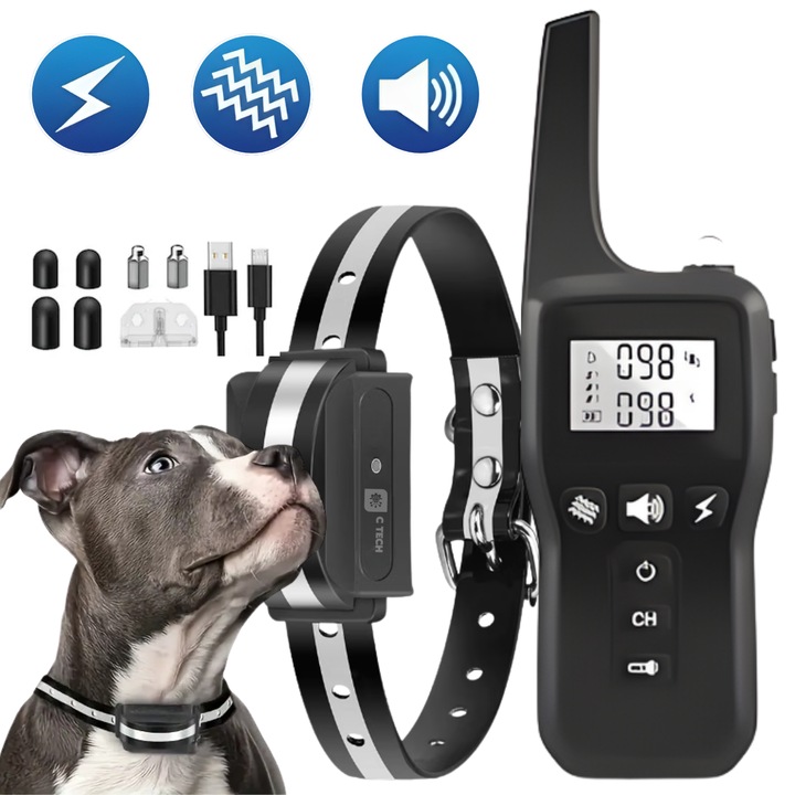 Zgarda Electrica Pentru Dresaj Caini cu Telecomanda, Raza de actiune 1000m, cu 3 Moduri – Avertizare Sonora, Vibratii si Impulsuri Electrice 99 Nivele, Ghid Dresaj, Reincarcabila, Rezistenta la apa si praf, Electrozi Cauciucati, Protectie Piele, Negru