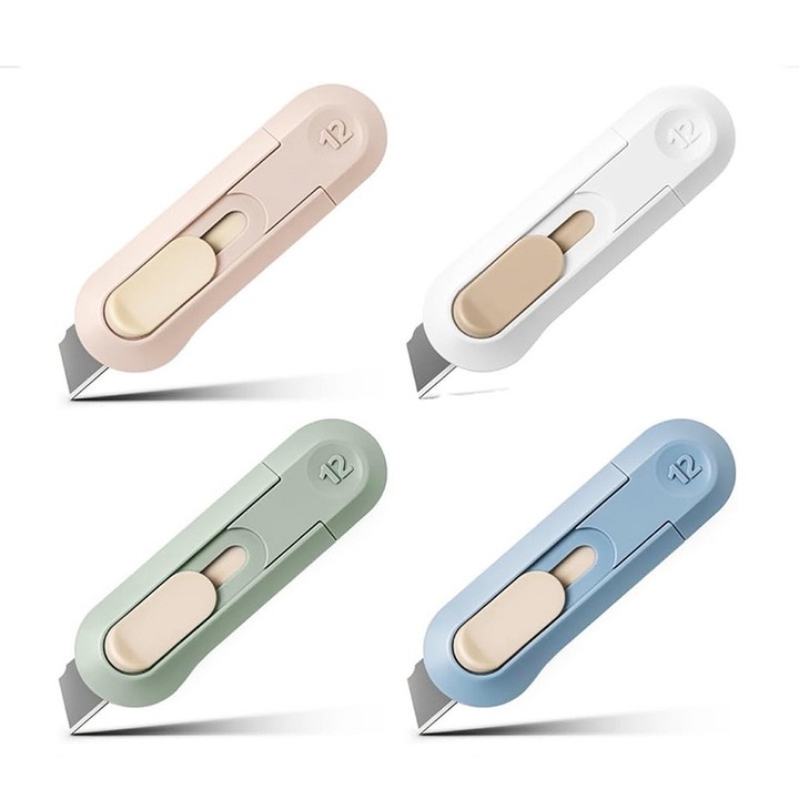 Set 4 cuttere retractabile pentru carton, mecanism neted, portabil