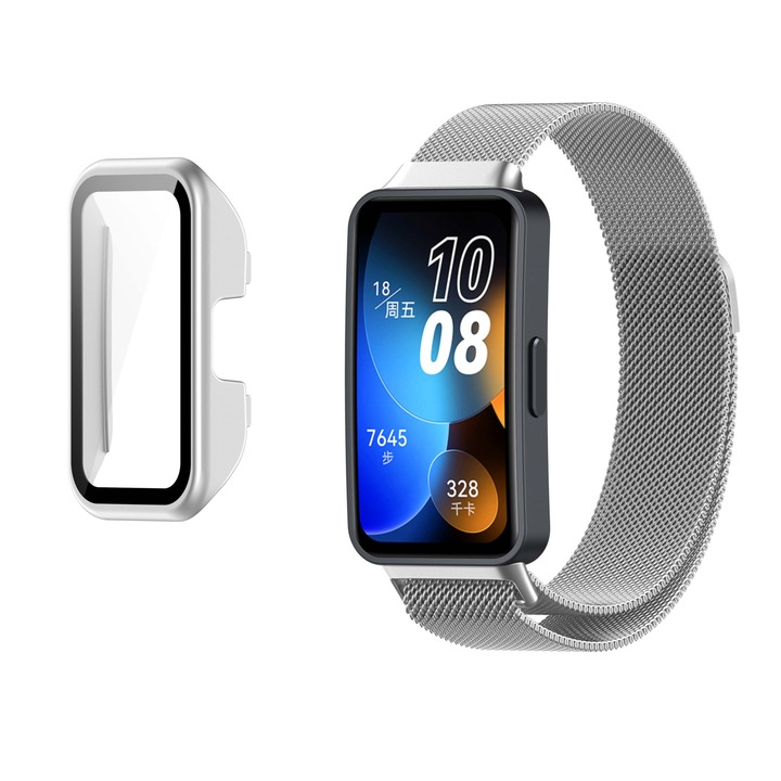 Комплект каишка и защитен калъф от закалено стъкло за Huawei Smart Band 8/9, неръждаема стомана, сребрист