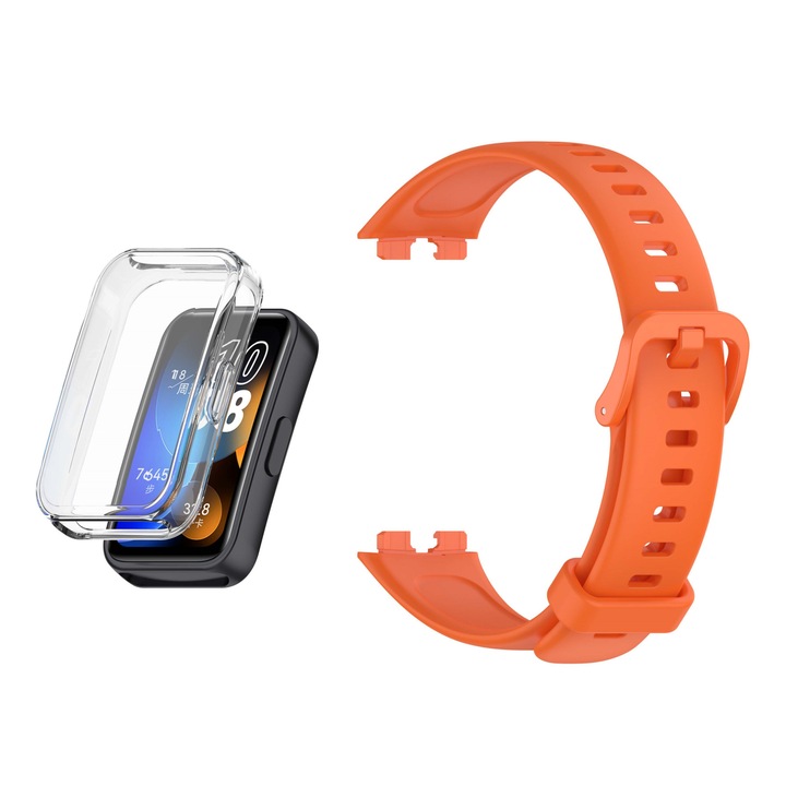 Комплект каишки и предпазен калъф за Huawei Band 8/9, силикон, оранжев