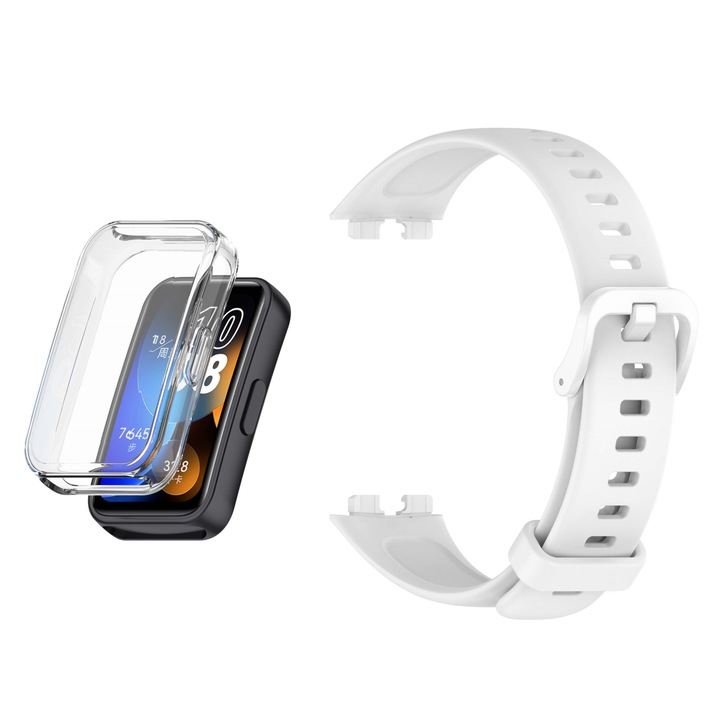 Комплект каишки и предпазен калъф за Huawei Band 8/9, силиконов, бял