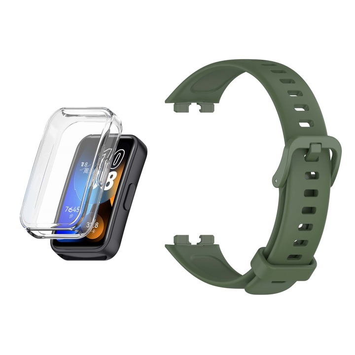 Комплект каишки и предпазен калъф за Huawei Band 8/9, силиконов, зелен