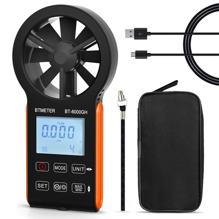 Анемометър BTMETER 6000GH, сензорен екран, акумулаторна батерия, измерване на скоростта на вятъра и температурата