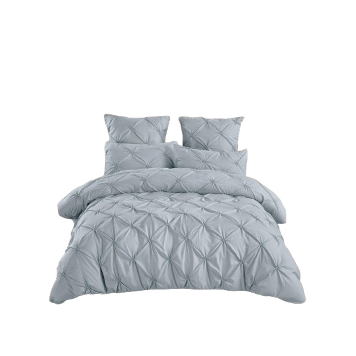 Lenjerie de pat dublu, Model Pliuri Brodate, Uni, 6 piese, 2 Persoane, Bumbac Finet, 230x250cm, Gri Cenusiu