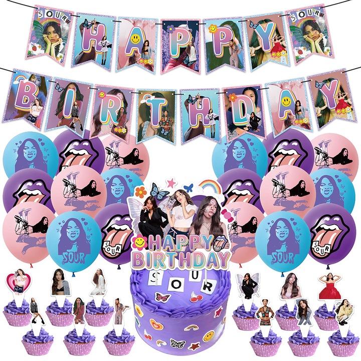 Set 18 baloane copii, Olivia, Petrecere Aniversara, Latex, 1 Banner La multi ani, 12 Cupcake Topper, 1 Cake Topper, Multicolor