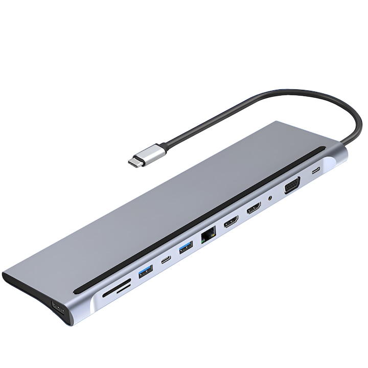 USB C хъб 12 в 1 Sundiguer, HDMI 4K, VGA, Ethernet RJ45, SD/TF слотове, метално сиво