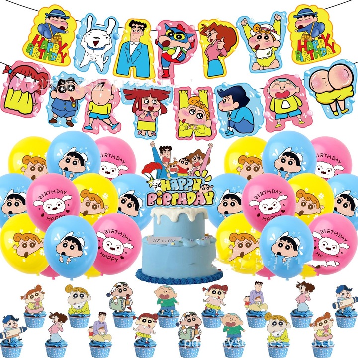Set 18 baloane copii, Crayon Shin-chan, Petrecere Aniversara, Latex, 1 Banner La multi ani, 12 Cupcake Topper, 1 Cake Topper, Multicolor