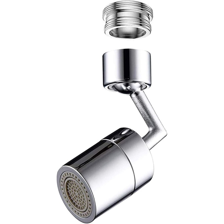 Aerator dublu pentru apa, rotativ cu cot, functie economizor, filtrare, doua moduri dus/bule, debit 4.5 L/min, cromat, argintiu, set de instalare inclus