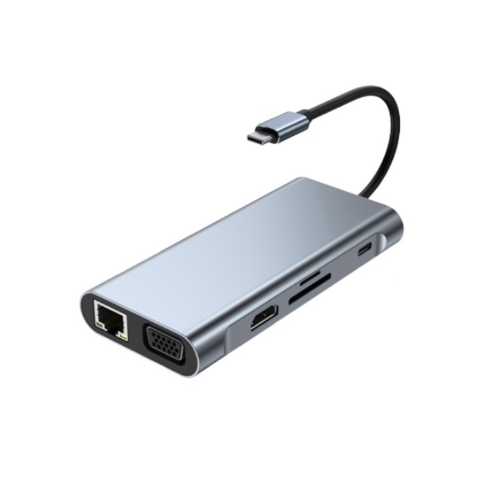 LEIISVK Multiport Hub, USB-C 3.1, HDMI 4K, VGA, USB 3.0, RJ45, SD/TF Card Reader, Fast Charging PD 100W, Silver, Metal