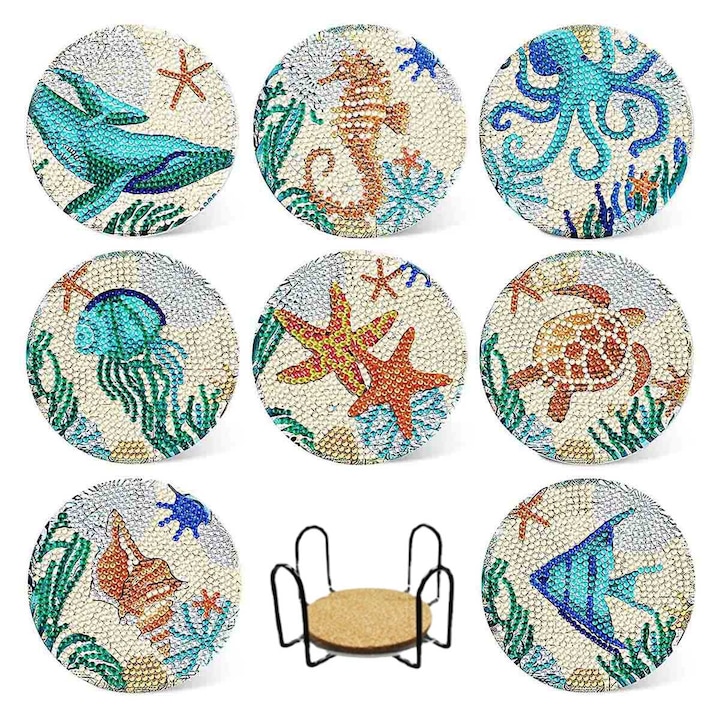 Set 8 suporturi pahare arta diamant, TOIITKQ, baza pluta, tema subacvatica, multicolor