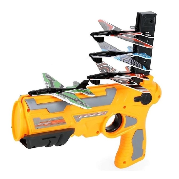 Pistol de jucarie, lansator de avioane, cu 4 avioane si incarcare manuala, pentru copii de peste 3 ani, Galben