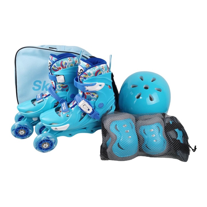 Role copii 2 in 1, R010AM cu casca, cotiere si genunchiere, masuri reglabile 33-36, albastru, M