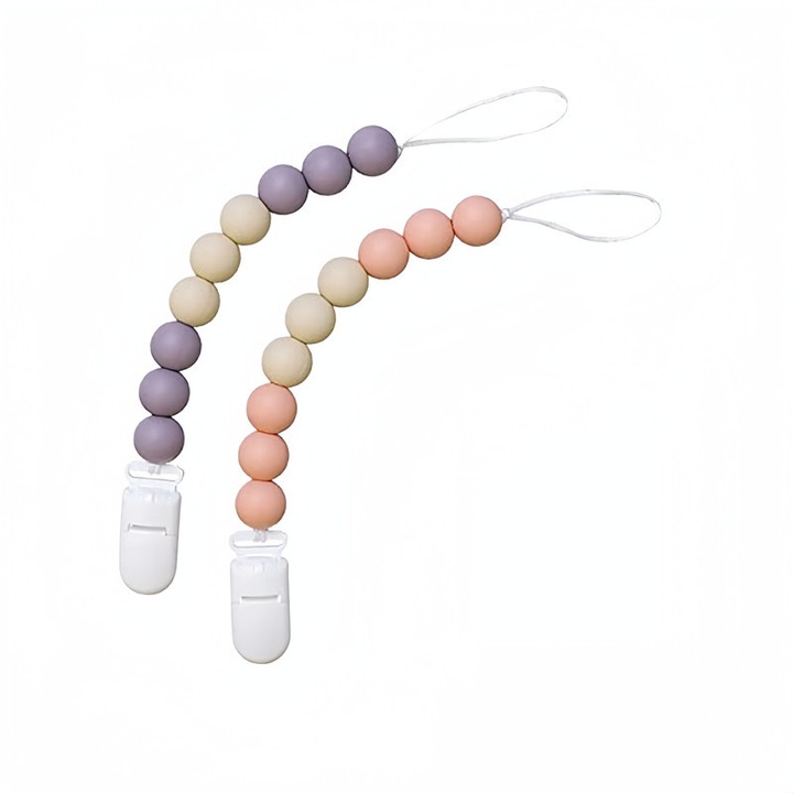 Set lant suzeta 2 piese, silicon, netoxic, cu clip, copil +0 luni, 22 cm, violet