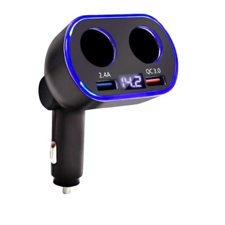 Adaptor universal pentru bricheta cu 2 prize 2 porturi USB si voltmetru 12V - 24V