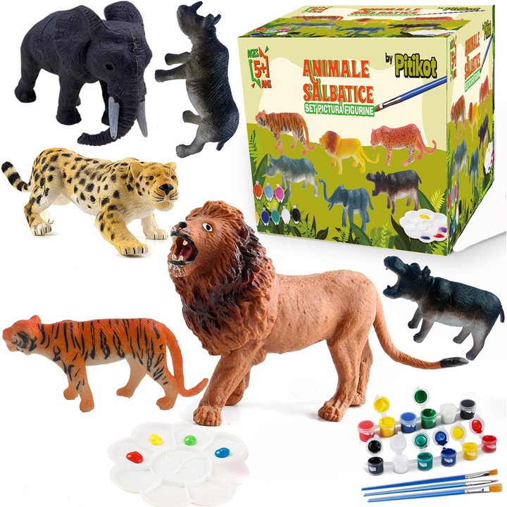 Set de Pictura pentru Copii Pitikot®, cu 6 Animale de Colorat – 6 Culori, 3 Pensule, tavita si Instructiuni, pentru fete si baieti, copii de la 3 ani, multicolor