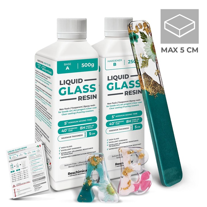 Resina epoxidica transparenta, efect de sticla - Perfecta pentru bricolaj, bijuterii si modelism. Poate fi colorata si este usor de utilizat - Resina Liquid Glass (750 g)
