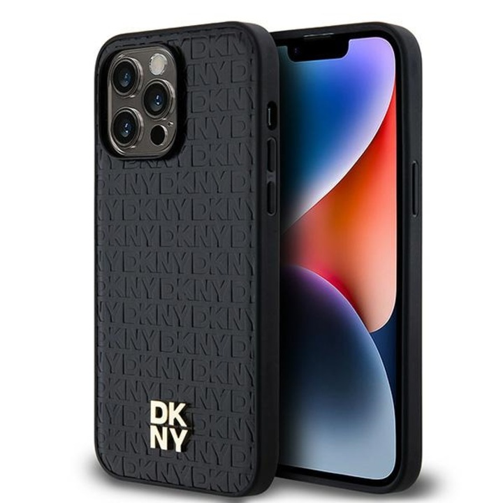 DKNY fém logós MagSafe bőr telefontok, fekete, iPhone 14 Pro Max készülékhez