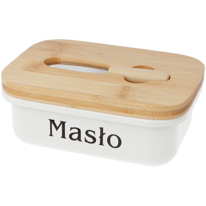 Set untiera metalica cu capac din bambus si cutit, Brunbeste, 15.5x10.5x6.5cm, 10.5cm