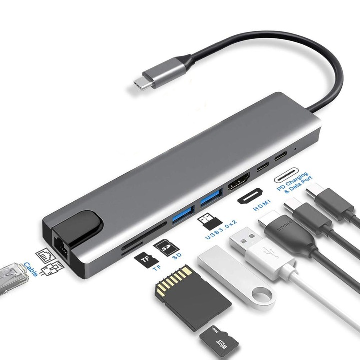 Хъб 8 в 1, Адаптер с HDMI 4K, Ethernet RJ45, SD/TF четец на карти, PD 100W зареждане, Сребрист, 90g