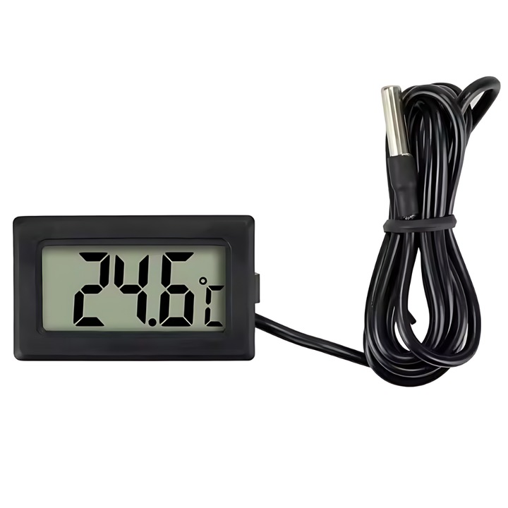 Цифров термометър с жична и LCD сонда JOZY®, вътрешен и външен, компактен корпус, минималистичен дизайн, черен