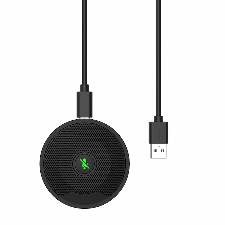 Конферентен микрофон с бутон за изключване на звука, BOMSTOM, всепосочен 360°, Plug & Play, за видеоконференция Zoom Meeting Skype Recording Gaming, черен