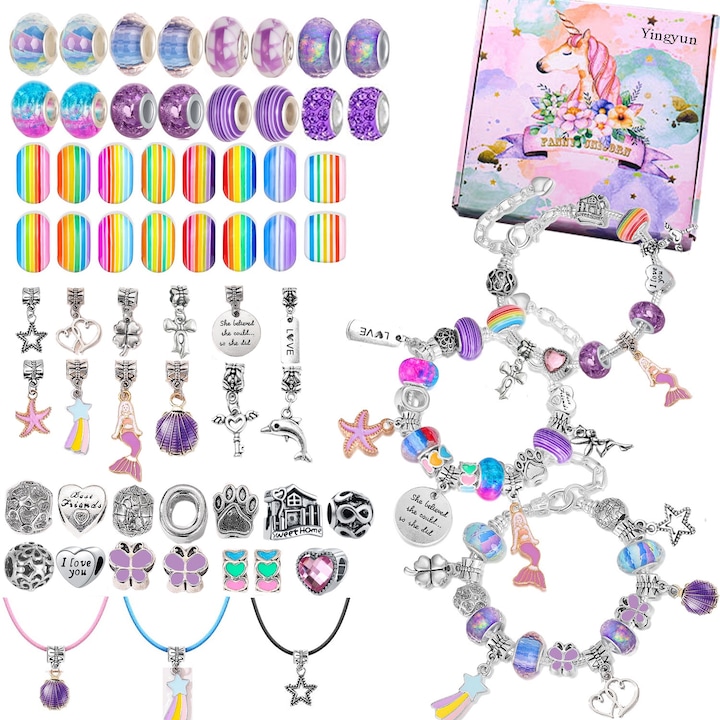 Set creativ DIY bratari, Yingyun®, accesorii pentru bijuterii, margele, bratari Reglabile cu Lant, coliere, facute din Metal si Sticla, 64 de Componente, Multicolor