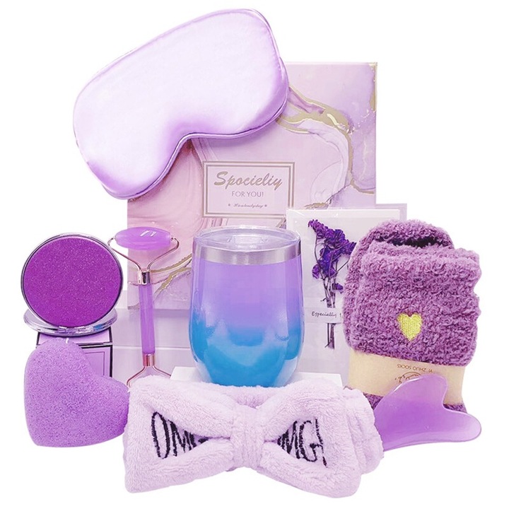 Set cadou spa pentru femei, 10 piese, ceasca, bomba de baie, masca pentru ochi de somn, bentita draguta cu funda, sosete neclare, cadou relaxant pentru Valentine, Ziua Mamei, Craciun, Mov, KINGTRONG®