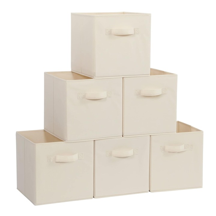 Cutii pentru Organizare si Depozitare, Zggzerg, Set 6, Cu manere, Pliabila, Respirabil, Rezistent la praf si umiditate, Rezistenta la coroziune, Usor de curatat, Pentru haine, carti, jucarii, Textil, 27cm x 27cm x 27cm, Bej