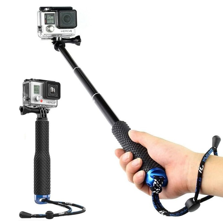 Monopied telescopic / Selfie stick camere de actiune din aluminiu, Zggzerg, Lungime reglabila 18.5cm - 49cm, Cu prindere, snur, Impotriva alunecarii, Puternica si robusta, Portabile, Usor de folosit, Aliaj de aluminiu, Negru