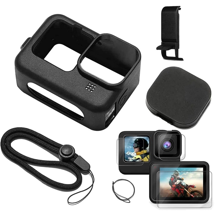 Carcasa silicon de protectie, Zggzerg, Lentile securizate, sticla de ecran LCD pentru GoPro Hero 12, 11, 10, 9, Rezistent la zgarieturi, Rezistent la praf, Rezistent la uzura, Vine cu snur, capac lateral, folie temperata, Negru/Transparent