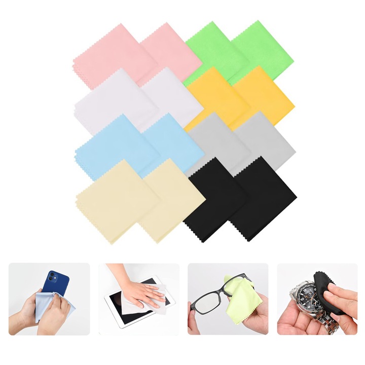 Set 16 Laveta curatare din microfibre, NUODWELL, Lavabil si reutilizabil, Pentru ochelari de vedere, telefoane mobile, laptopuri, 15x18cm, Multicolor