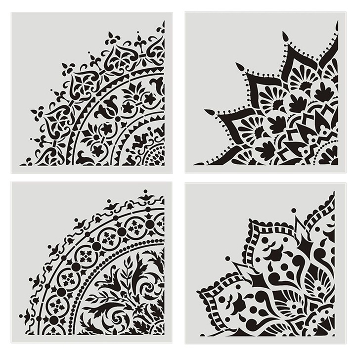 Set 4 Sabloane Mandala Flower, NUODWELL, Rezistenta la apa, Usor de curatat, Pentru proiecte de arta de pictura pe stanca, 20x20cm, PET, Alb